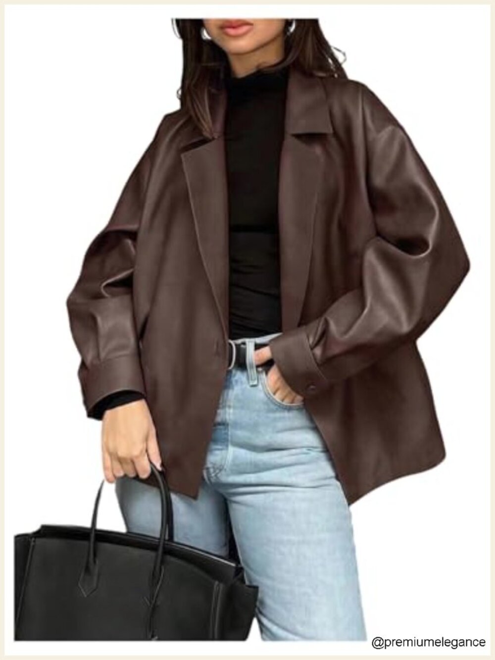 Faux Leather Lapel Collar Blazer Open Front Oversized Suit Jacket